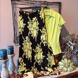 Floral Black and lime green Skirt with Lime Green Blouse.